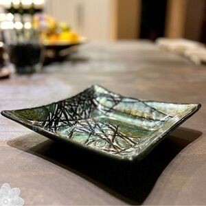 KURT McVAY Dichroic Iridescent Fused Art Glass Bowl Serving Platter Plate Large